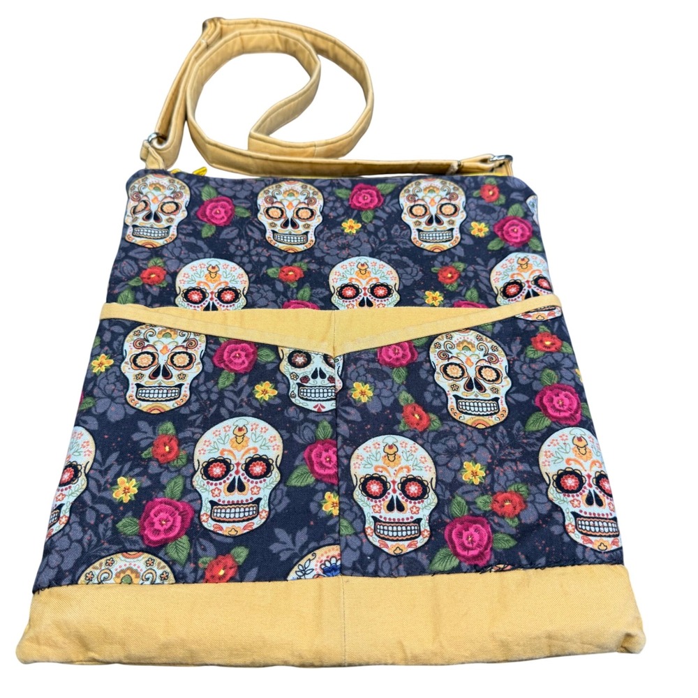 Handmade Sugar Skull Crossbody Bag Day of the Dead Floral Yellow Trim Custom